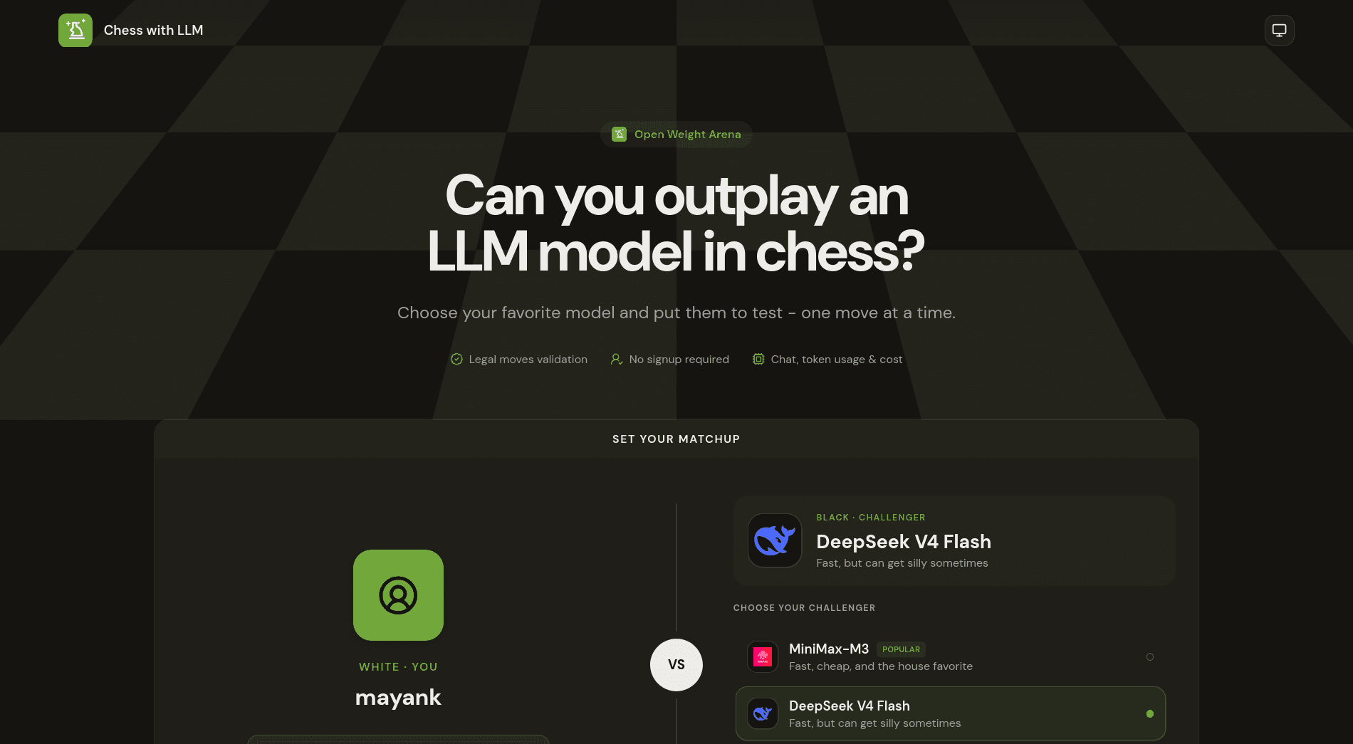 Chess with LLM model selection screen