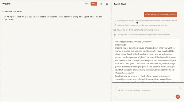 Wavmo AI writing workspace and agent chat