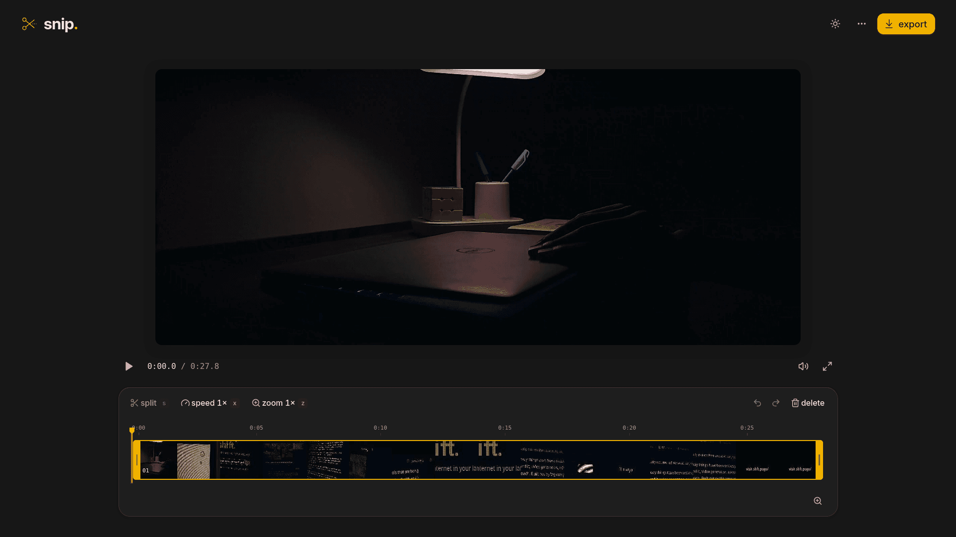 Snip video editor with a video preview and clip timeline